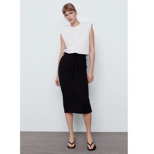 zara plush knit black midi skirt pencil high waist - medium